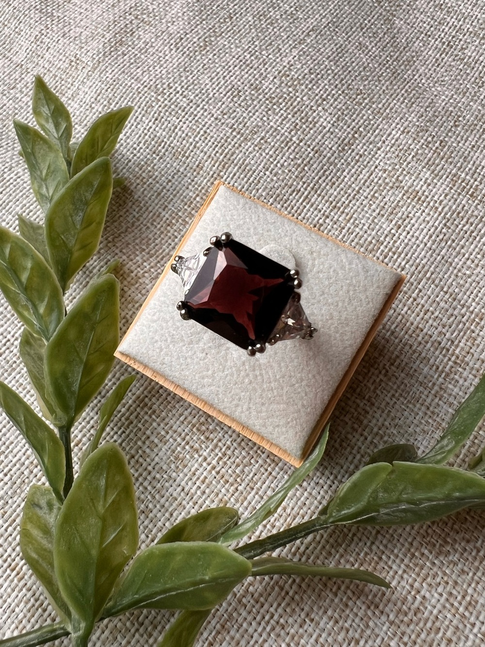 SZ 8.5 | Silver Ring with Purple Garnet Diamond and Clear Crystals